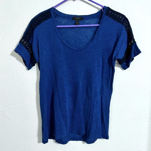 J. Crew 100% Linen short sleeve top with crochet trim, deep blue, size XXS - Picture 1 of 8